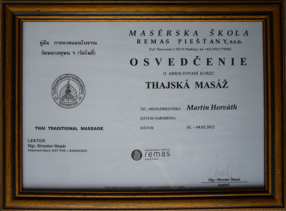 Certifikát - Thajská masáž