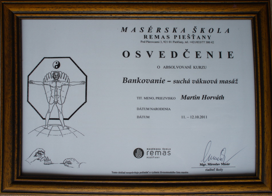 Certifikát - Bankovanie - suchá vákuová masáž